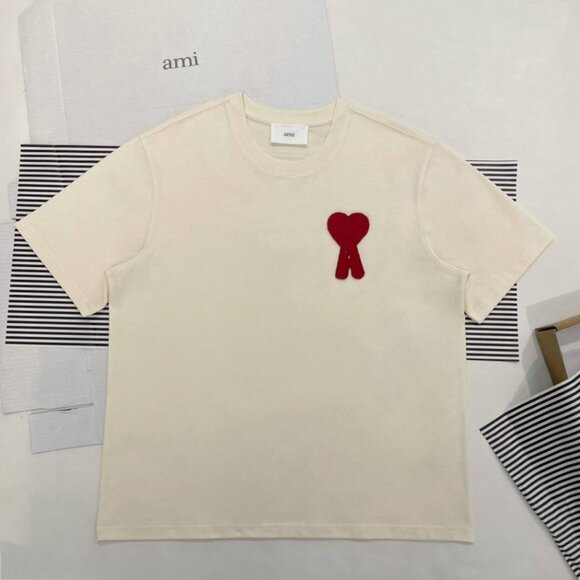 Ami Paris Cotton Woven Heart Logo Round Neck Short Sleeve Size L